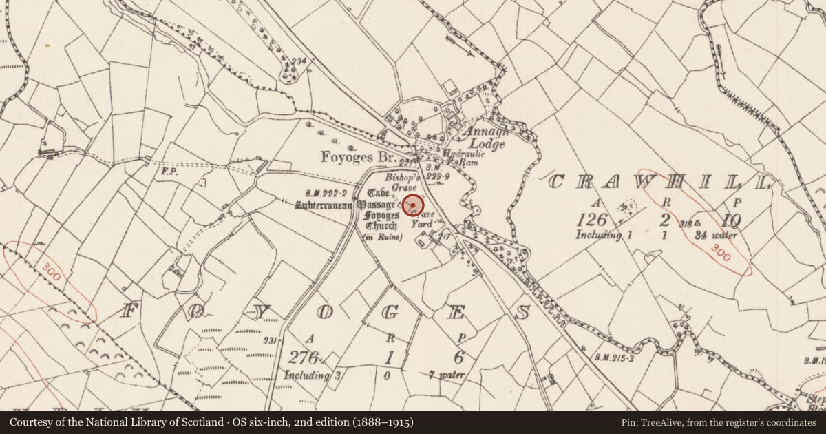 Ordnance Survey six-inch map, 2nd edition (1888–1915) covering the location of Burial, Foyoges, County Sligo, with a pin at the register's coordinates