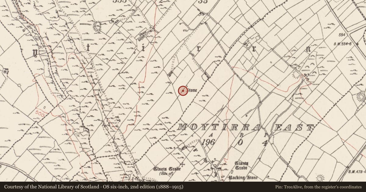 Ordnance Survey six-inch map, 2nd edition (1888–1915) covering the location of Megalithic tomb - portal tomb, Moytirra West, County Sligo, with a pin at the register's coordinates