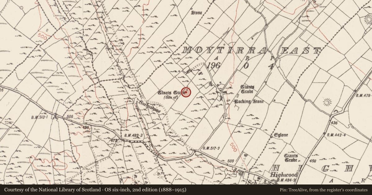 Ordnance Survey six-inch map, 2nd edition (1888–1915) covering the location of Megalithic tomb - unclassified, Moytirra East, County Sligo, with a pin at the register's coordinates
