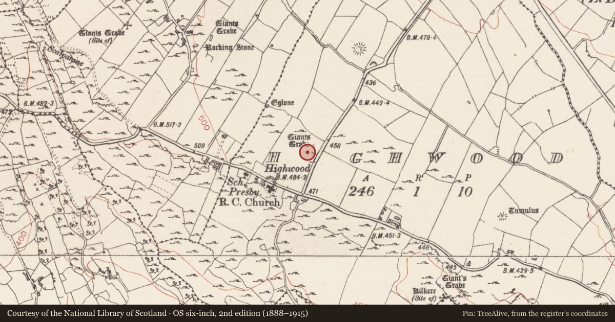 Ordnance Survey six-inch map, 2nd edition (1888–1915) covering the location of Enclosure, Highwood, County Sligo, with a pin at the register's coordinates