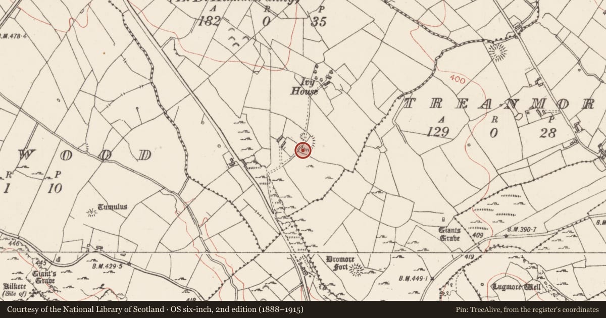 Ordnance Survey six-inch map, 2nd edition (1888–1915) covering the location of Enclosure, Dromore, County Sligo, with a pin at the register's coordinates