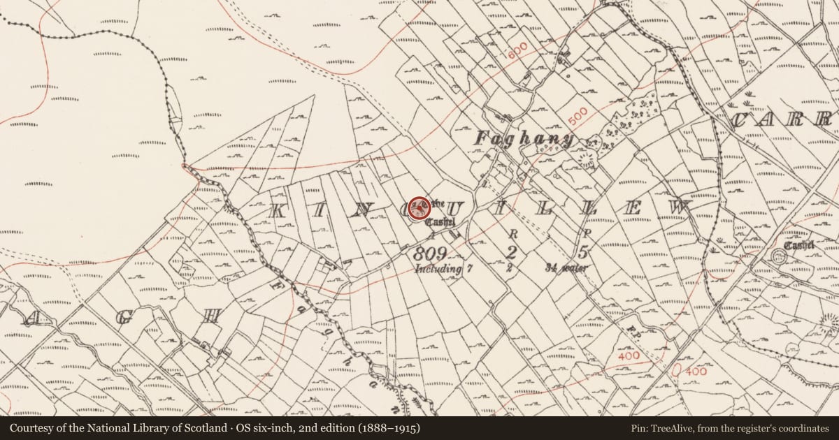 Ordnance Survey six-inch map, 2nd edition (1888–1915) covering the location of Souterrain, Kincuillew, County Sligo, with a pin at the register's coordinates