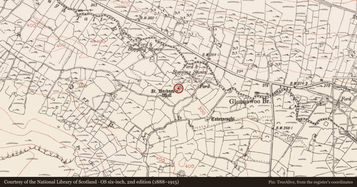 Ordnance Survey six-inch map, 2nd edition (1888–1915) covering the location of Ritual site - holy well, Glennawoo, County Sligo, with a pin at the register's coordinates