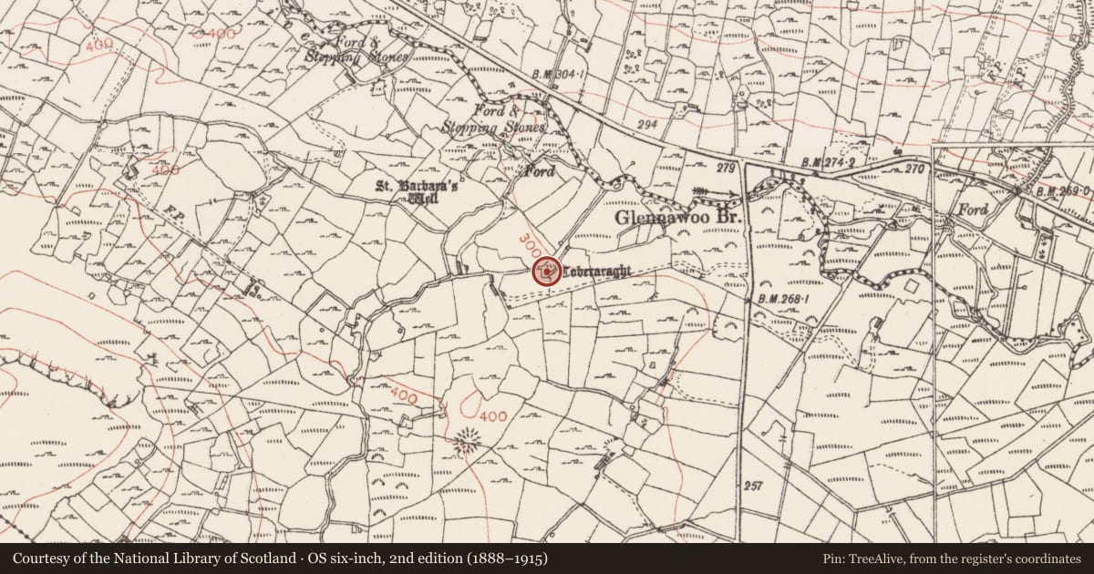 Ordnance Survey six-inch map, 2nd edition (1888–1915) covering the location of Ritual site - holy well, Glennawoo, County Sligo, with a pin at the register's coordinates