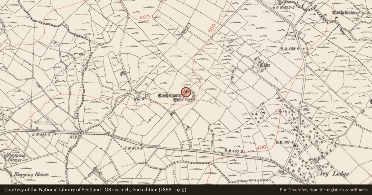 Ordnance Survey six-inch map, 2nd edition (1888–1915) covering the location of Souterrain, Kilmacteige, County Sligo, with a pin at the register's coordinates