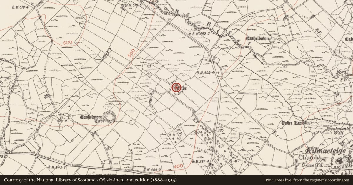 Ordnance Survey six-inch map, 2nd edition (1888–1915) covering the location of Souterrain, Kilmacteige, County Sligo, with a pin at the register's coordinates