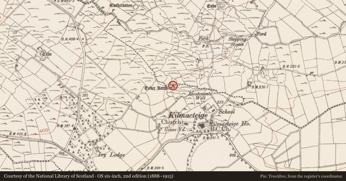 Ordnance Survey six-inch map, 2nd edition (1888–1915) covering the location of Ritual site - holy well, Kilmacteige, County Sligo, with a pin at the register's coordinates