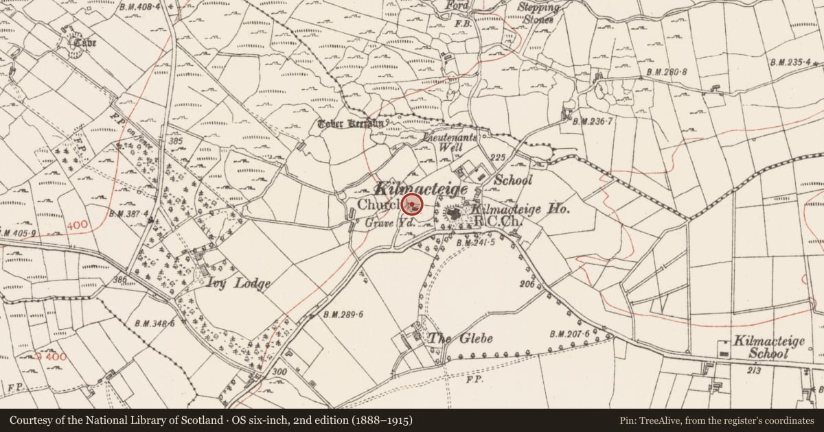 Ordnance Survey six-inch map, 2nd edition (1888–1915) covering the location of Church, Kilmacteige, County Sligo, with a pin at the register's coordinates