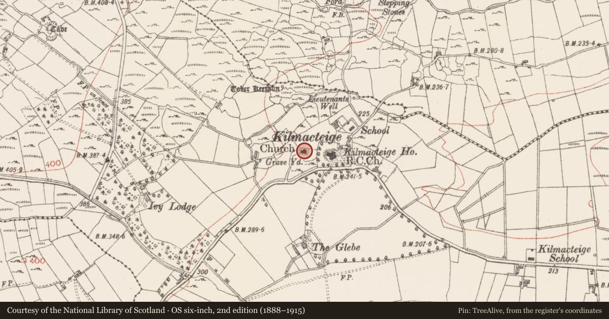 Ordnance Survey six-inch map, 2nd edition (1888–1915) covering the location of Graveyard, Kilmacteige, County Sligo, with a pin at the register's coordinates