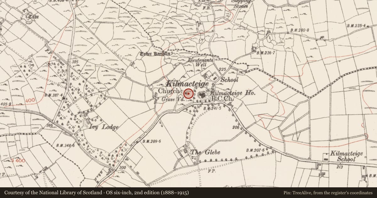 Ordnance Survey six-inch map, 2nd edition (1888–1915) covering the location of Cross-slab, Kilmacteige, County Sligo, with a pin at the register's coordinates