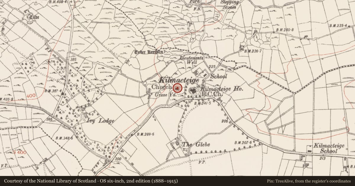 Ordnance Survey six-inch map, 2nd edition (1888–1915) covering the location of Enclosure, Kilmacteige, County Sligo, with a pin at the register's coordinates