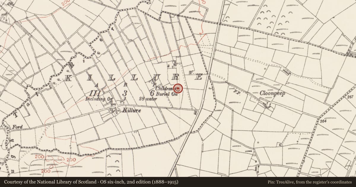 Ordnance Survey six-inch map, 2nd edition (1888–1915) covering the location of Children's burial ground, Killure, County Sligo, with a pin at the register's coordinates