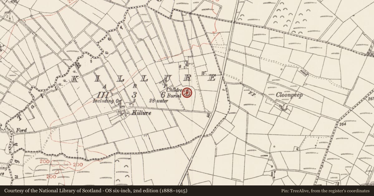 Ordnance Survey six-inch map, 2nd edition (1888–1915) covering the location of Ecclesiastical enclosure, Killure, County Sligo, with a pin at the register's coordinates
