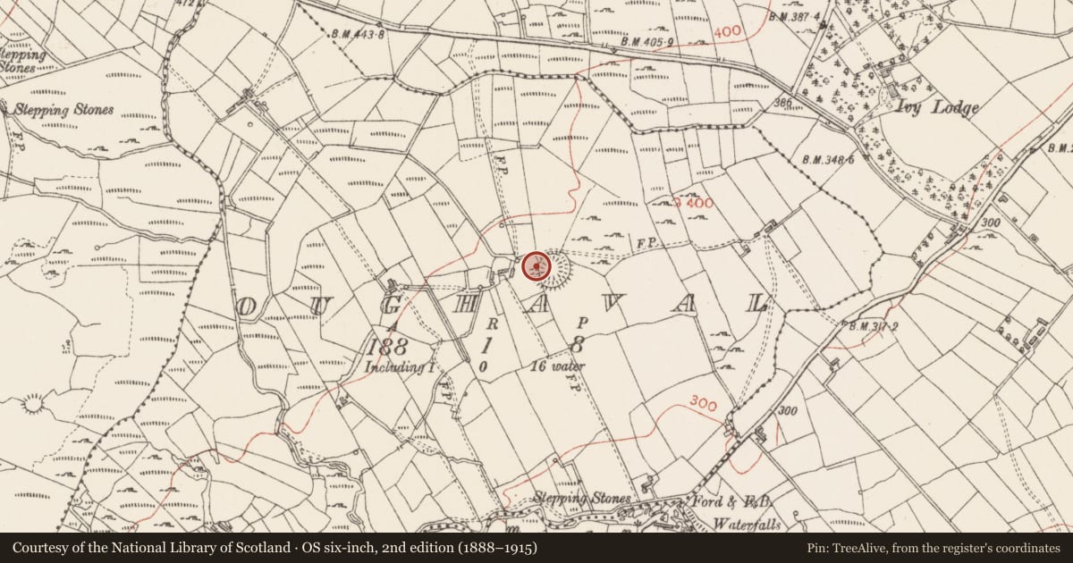 Ordnance Survey six-inch map, 2nd edition (1888–1915) covering the location of Souterrain, Oughaval, County Sligo, with a pin at the register's coordinates