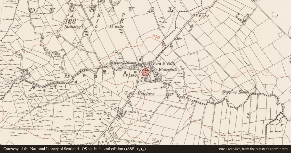 Ordnance Survey six-inch map, 2nd edition (1888–1915) covering the location of Castle - tower house, Belclare, County Sligo, with a pin at the register's coordinates