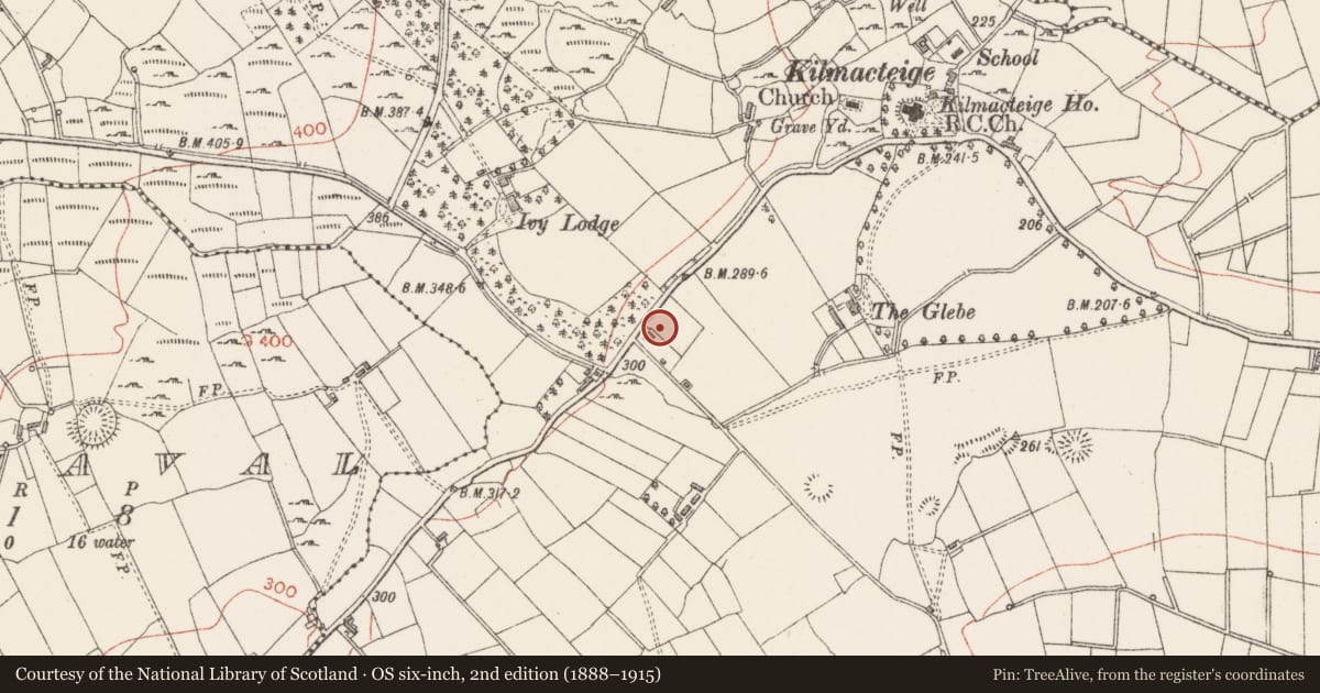 Ordnance Survey six-inch map, 2nd edition (1888–1915) covering the location of Ringfort - rath, Kilmacteige, County Sligo, with a pin at the register's coordinates