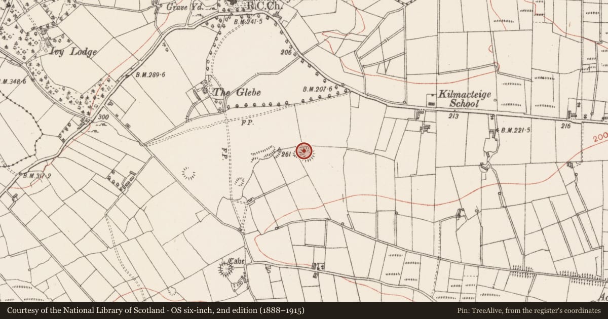 Ordnance Survey six-inch map, 2nd edition (1888–1915) covering the location of Ringfort - rath, Kilmacteige, County Sligo, with a pin at the register's coordinates