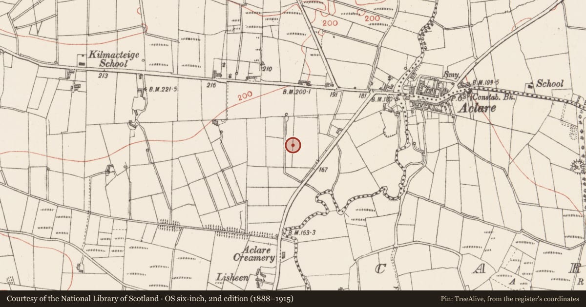 Ordnance Survey six-inch map, 2nd edition (1888–1915) covering the location of Ringfort - rath, Kilmacteige, County Sligo, with a pin at the register's coordinates