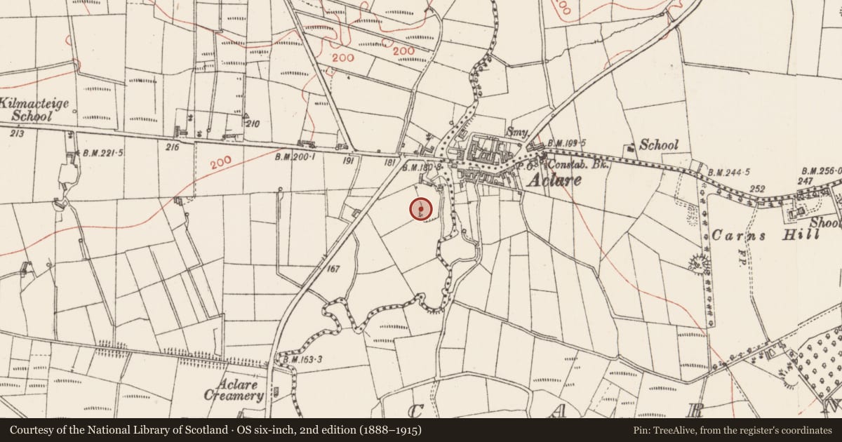 Ordnance Survey six-inch map, 2nd edition (1888–1915) covering the location of Ringfort - rath, Kilmacteige, County Sligo, with a pin at the register's coordinates