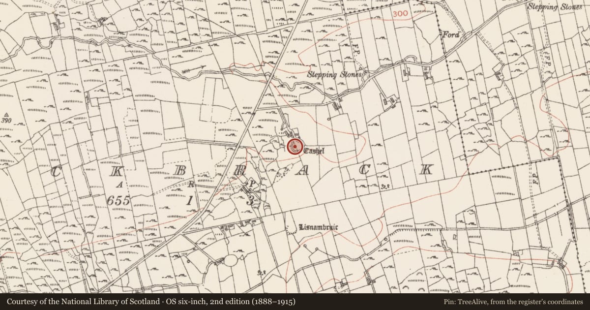 Ordnance Survey six-inch map, 2nd edition (1888–1915) covering the location of Souterrain, Knockbrack, County Sligo, with a pin at the register's coordinates