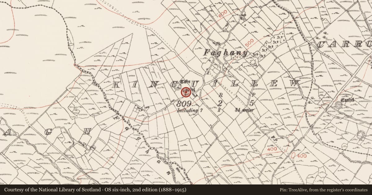 Ordnance Survey six-inch map, 2nd edition (1888–1915) covering the location of Hut site, Kincuillew, County Sligo, with a pin at the register's coordinates
