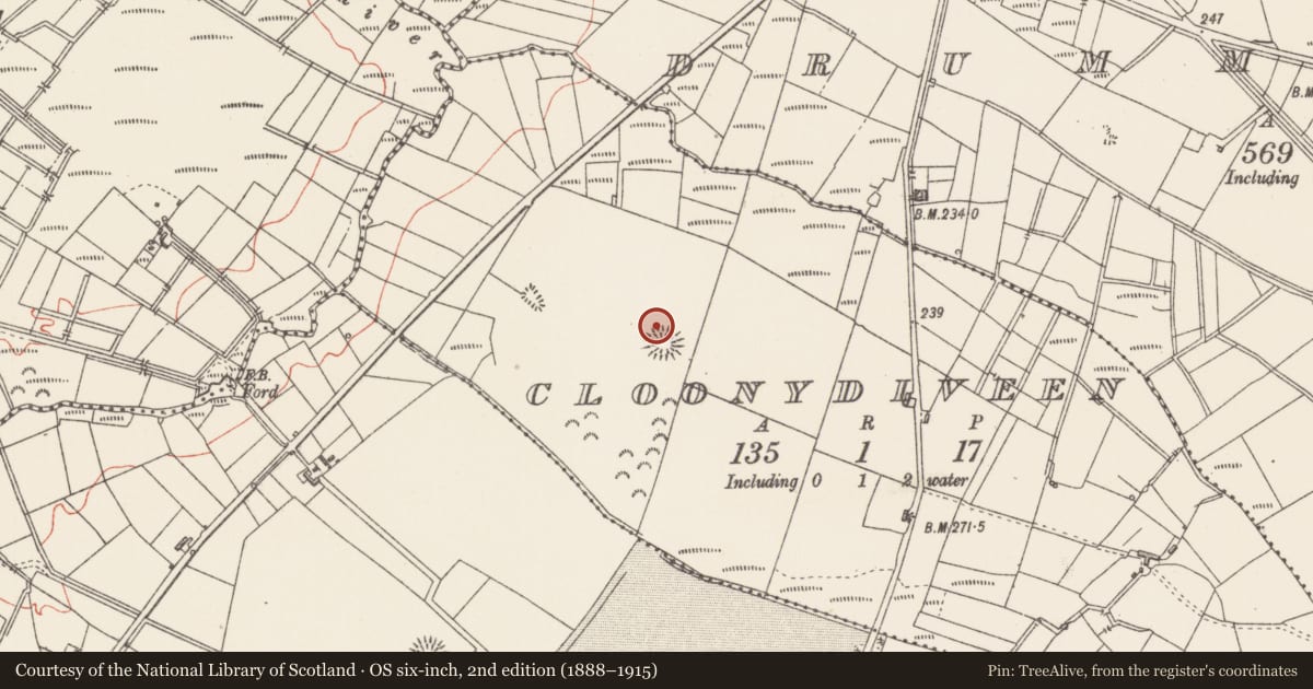 Ordnance Survey six-inch map, 2nd edition (1888–1915) covering the location of Souterrain, Cloonydiveen, County Sligo, with a pin at the register's coordinates