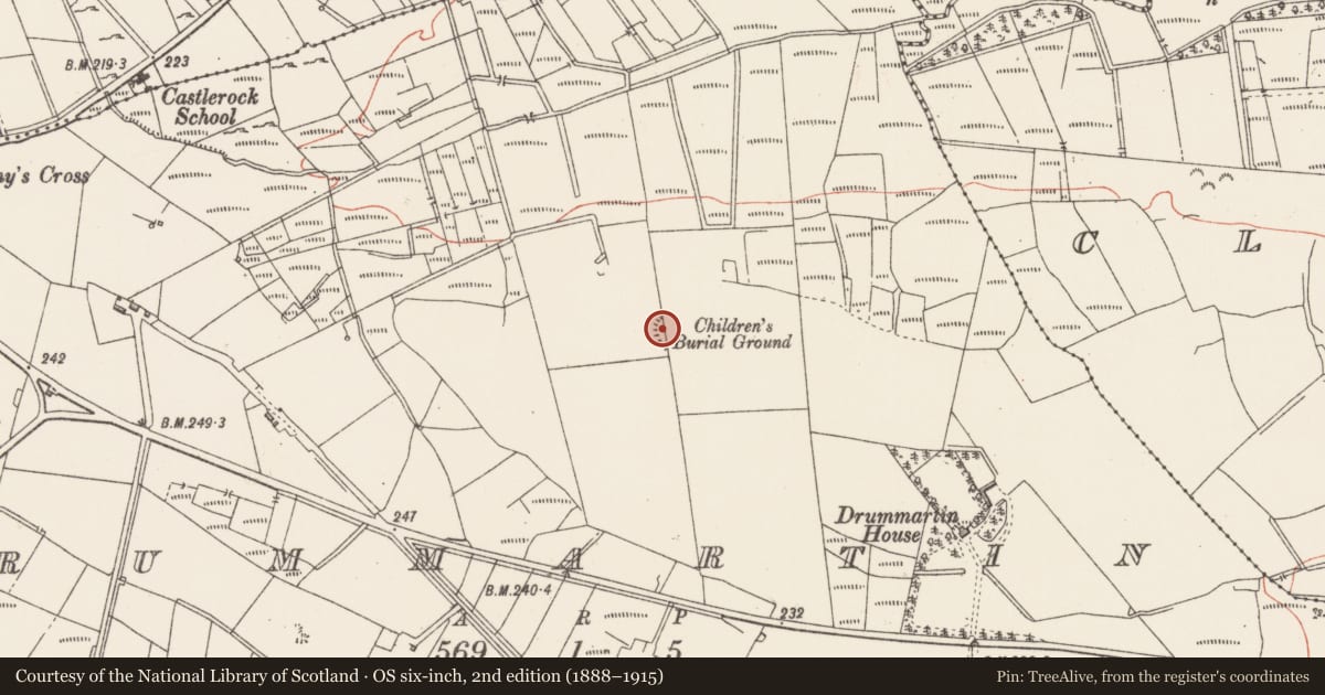 Ordnance Survey six-inch map, 2nd edition (1888–1915) covering the location of Children's burial ground, Drummartin, County Sligo, with a pin at the register's coordinates