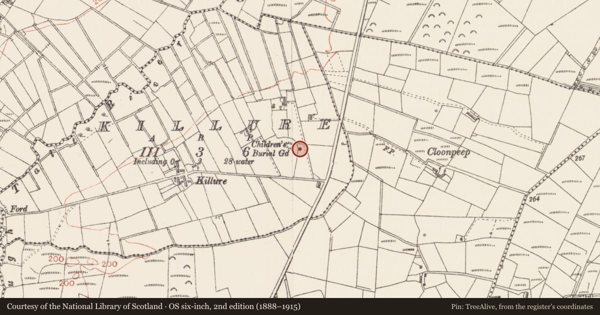 Ordnance Survey six-inch map, 2nd edition (1888–1915) covering the location of Graveyard, Killure, County Sligo, with a pin at the register's coordinates