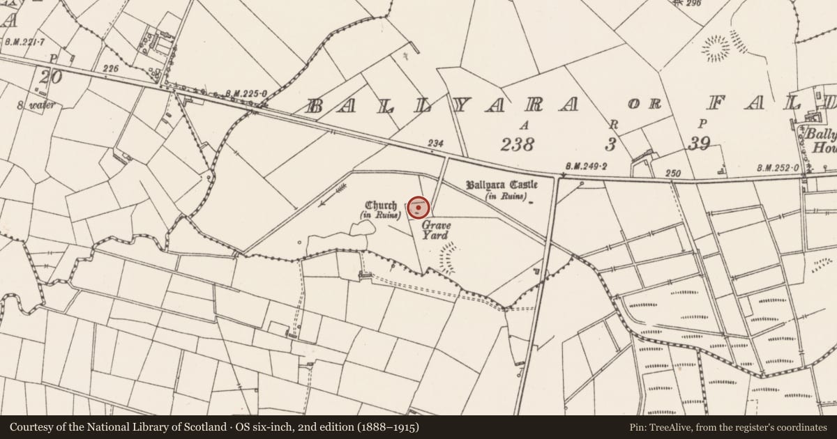 Ordnance Survey six-inch map, 2nd edition (1888–1915) covering the location of Graveyard, Ballyara Or Falduff, County Sligo, with a pin at the register's coordinates