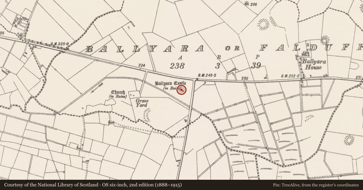 Ordnance Survey six-inch map, 2nd edition (1888–1915) covering the location of Castle - unclassified, Ballyara Or Falduff, County Sligo, with a pin at the register's coordinates