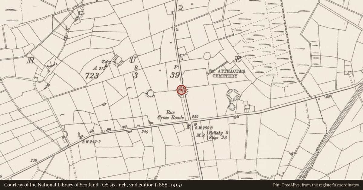Ordnance Survey six-inch map, 2nd edition (1888–1915) covering the location of Ringfort - cashel, Rue, County Sligo, with a pin at the register's coordinates