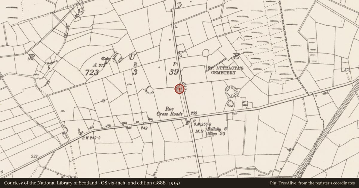 Ordnance Survey six-inch map, 2nd edition (1888–1915) covering the location of Souterrain, Rue, County Sligo, with a pin at the register's coordinates