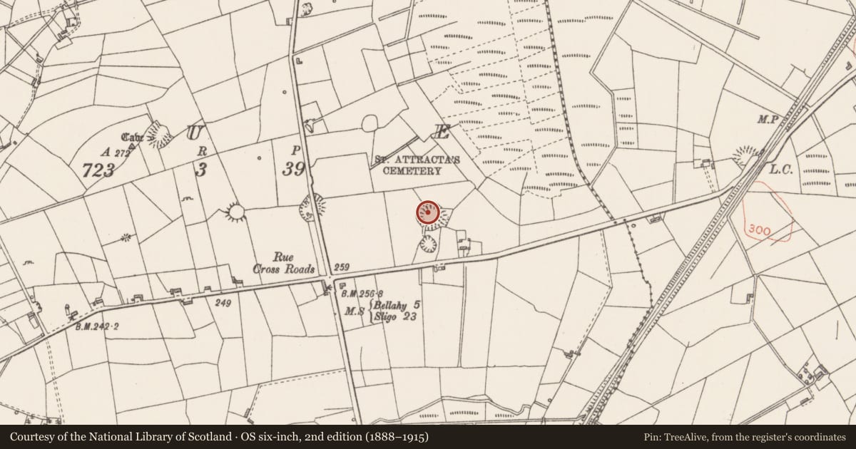 Ordnance Survey six-inch map, 2nd edition (1888–1915) covering the location of Ringfort - rath, Rue, County Sligo, with a pin at the register's coordinates
