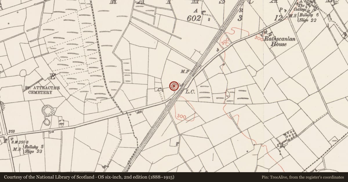 Ordnance Survey six-inch map, 2nd edition (1888–1915) covering the location of Ringfort - rath, Rathscanlan, County Sligo, with a pin at the register's coordinates