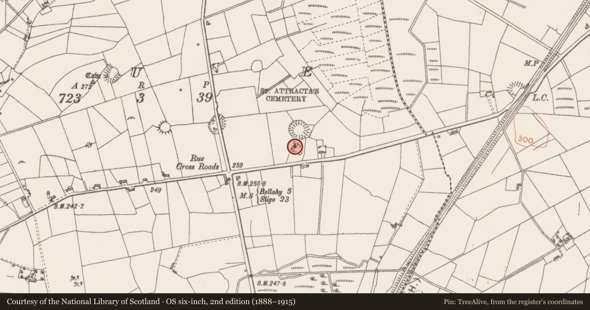 Ordnance Survey six-inch map, 2nd edition (1888–1915) covering the location of Ringfort - rath, Rue, County Sligo, with a pin at the register's coordinates