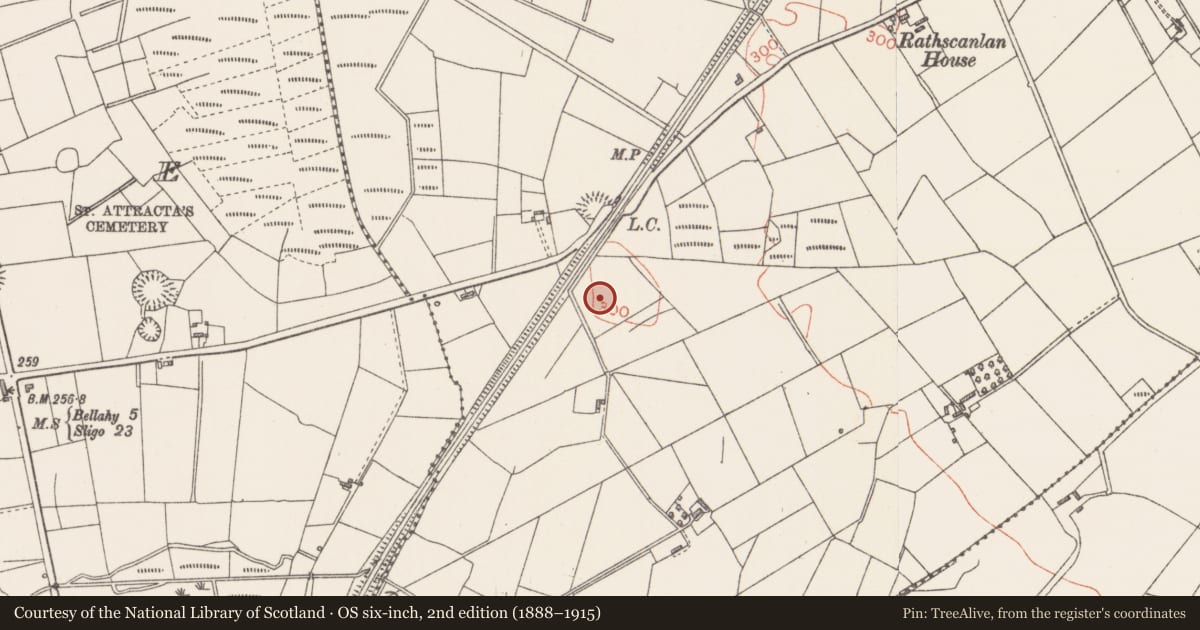 Ordnance Survey six-inch map, 2nd edition (1888–1915) covering the location of Hut site, Rathscanlan, County Sligo, with a pin at the register's coordinates
