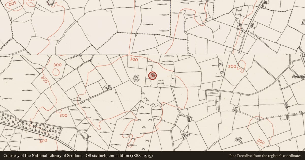 Ordnance Survey six-inch map, 2nd edition (1888–1915) covering the location of Barrow - ring-barrow, Achonry, County Sligo, with a pin at the register's coordinates