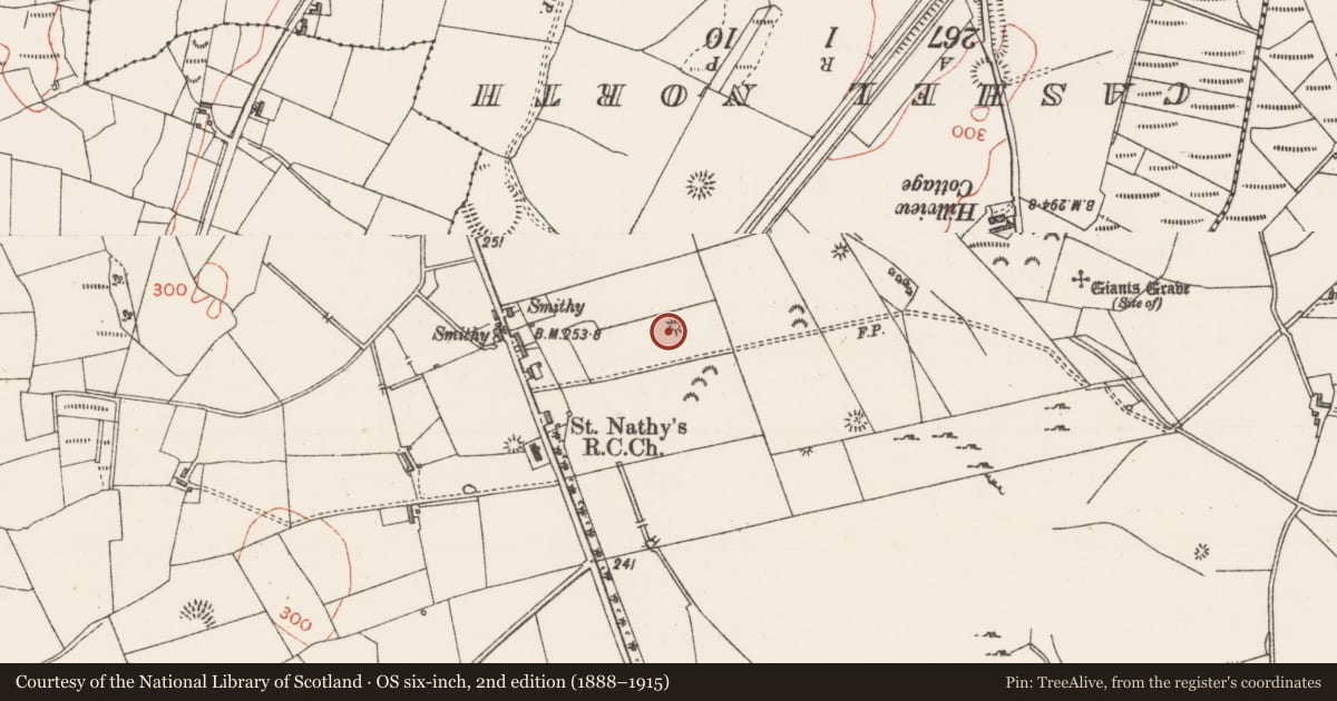 Ordnance Survey six-inch map, 2nd edition (1888–1915) covering the location of Barrow - ditch barrow, Achonry, County Sligo, with a pin at the register's coordinates