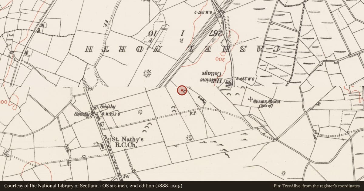 Ordnance Survey six-inch map, 2nd edition (1888–1915) covering the location of Barrow - unclassified, Achonry, County Sligo, with a pin at the register's coordinates