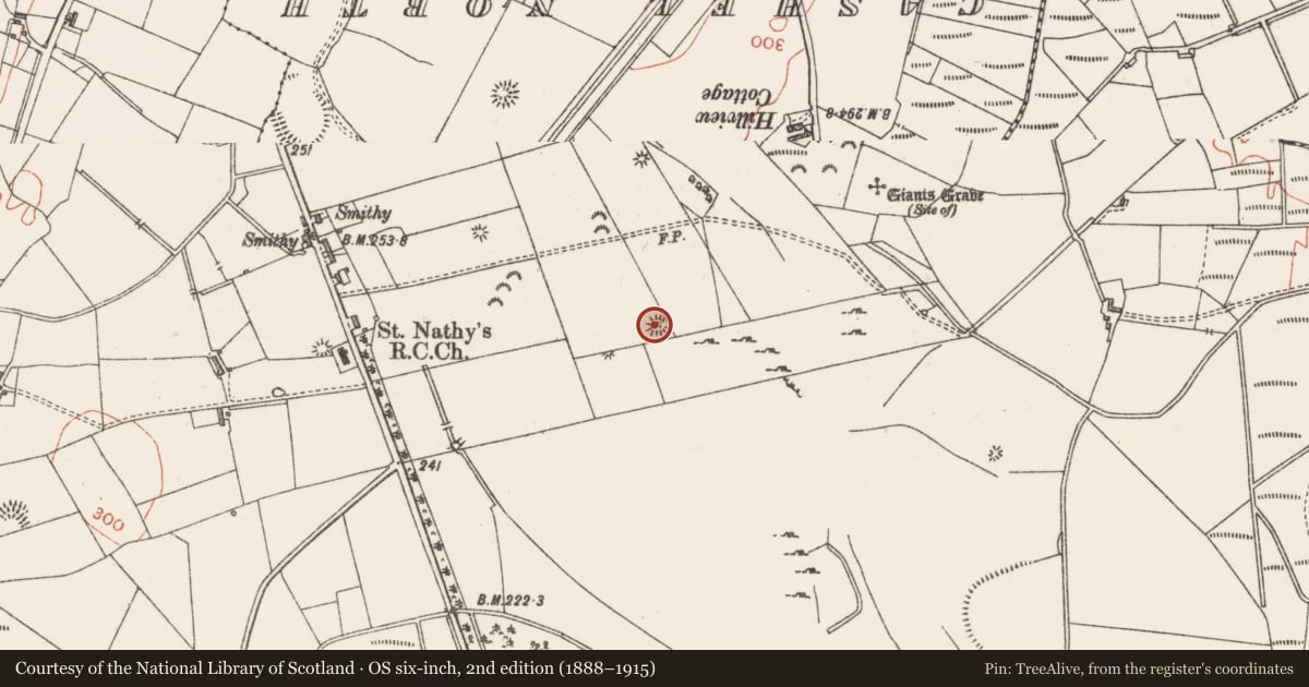 Ordnance Survey six-inch map, 2nd edition (1888–1915) covering the location of Barrow - ring-barrow, Achonry, County Sligo, with a pin at the register's coordinates