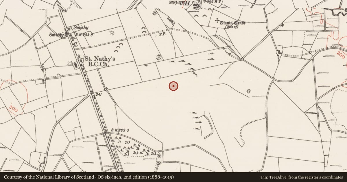 Ordnance Survey six-inch map, 2nd edition (1888–1915) covering the location of Field boundary, Achonry, County Sligo, with a pin at the register's coordinates