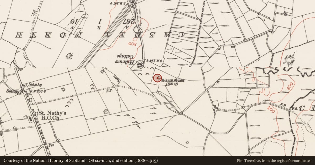 Ordnance Survey six-inch map, 2nd edition (1888–1915) covering the location of Barrow - unclassified, Achonry, County Sligo, with a pin at the register's coordinates
