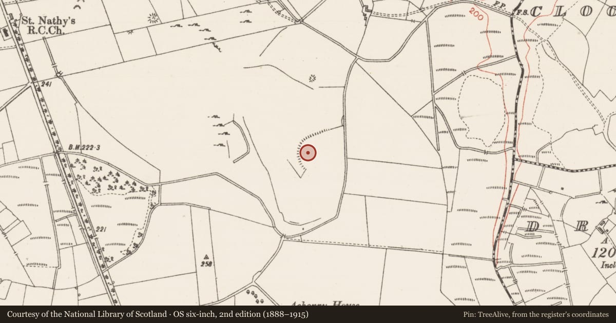 Ordnance Survey six-inch map, 2nd edition (1888–1915) covering the location of Enclosure, Achonry, County Sligo, with a pin at the register's coordinates