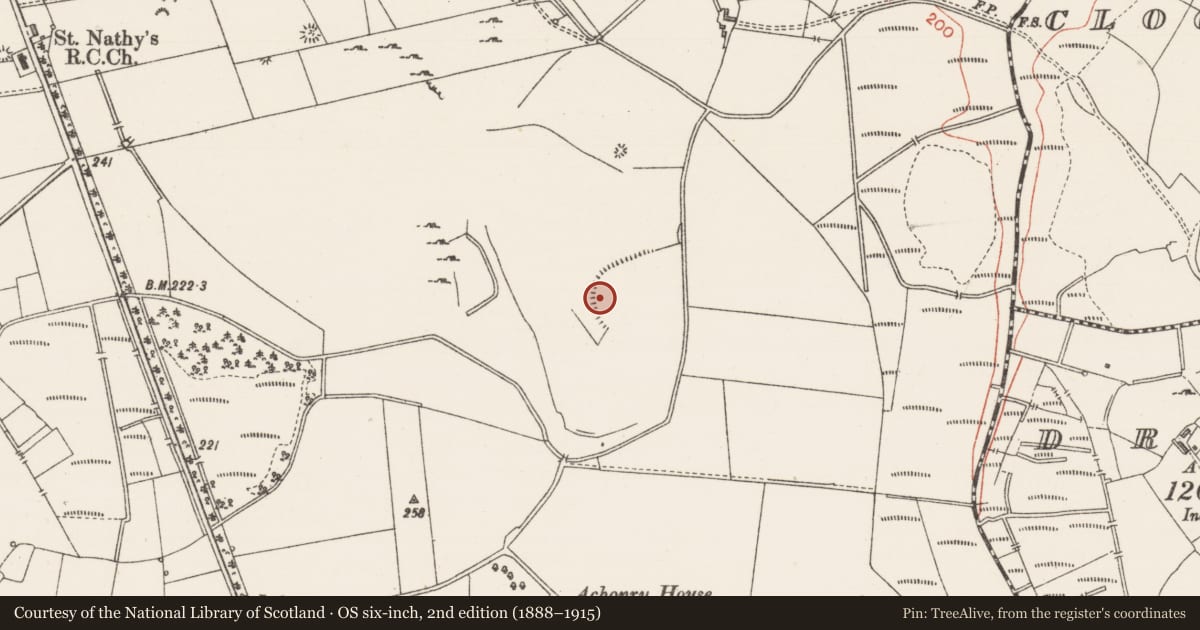 Ordnance Survey six-inch map, 2nd edition (1888–1915) covering the location of Barrow - mound barrow, Achonry, County Sligo, with a pin at the register's coordinates