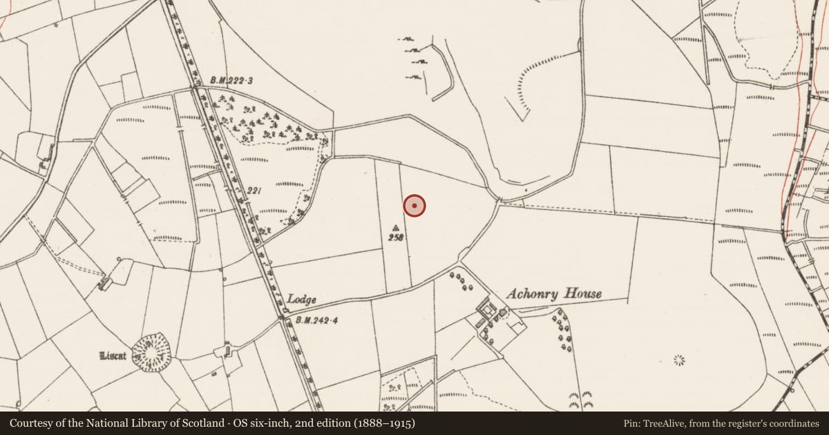 Ordnance Survey six-inch map, 2nd edition (1888–1915) covering the location of Enclosure, Achonry, County Sligo, with a pin at the register's coordinates