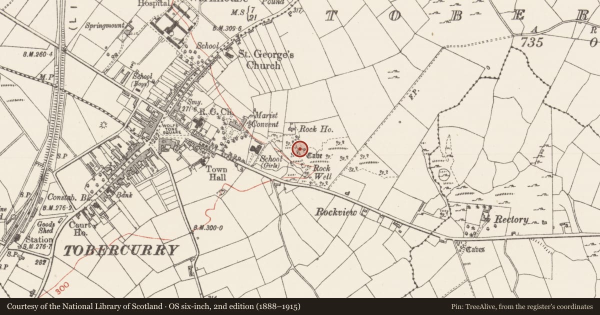 Ordnance Survey six-inch map, 2nd edition (1888–1915) covering the location of Souterrain, Tobercurry, County Sligo, with a pin at the register's coordinates