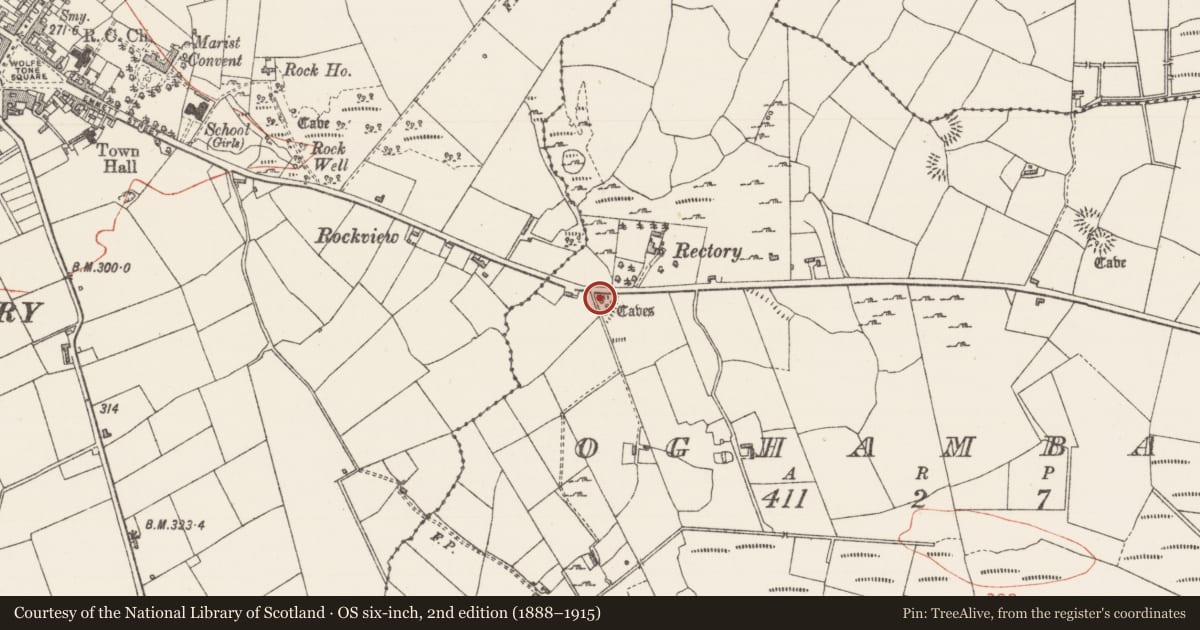 Ordnance Survey six-inch map, 2nd edition (1888–1915) covering the location of Souterrain, Oghambaun, County Sligo, with a pin at the register's coordinates