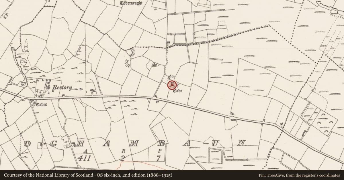 Ordnance Survey six-inch map, 2nd edition (1888–1915) covering the location of Souterrain, Oghambaun, County Sligo, with a pin at the register's coordinates