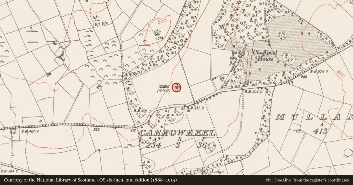 Ordnance Survey six-inch map, 2nd edition (1888–1915) covering the location of Souterrain, Carrowkeel, County Sligo, with a pin at the register's coordinates