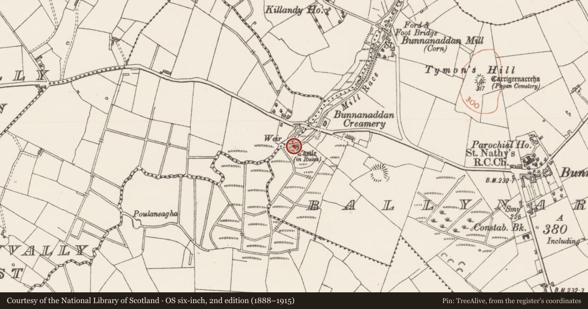 Ordnance Survey six-inch map, 2nd edition (1888–1915) covering the location of Castle - tower house, Ballynaraw South, County Sligo, with a pin at the register's coordinates